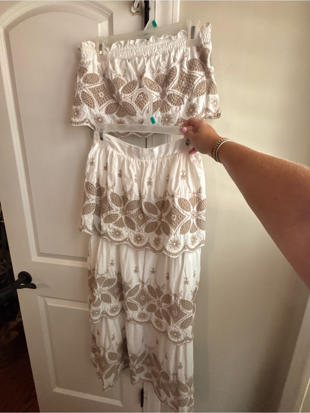 ILLA ILLA Tiered White Maxi Skirt and Top Set with Tan Embroidered Floral Trim